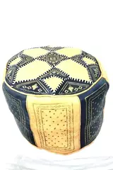 Genuine Leather Pouf Moroccan Ottoman Footstool Blue and Yellow Stuffed 