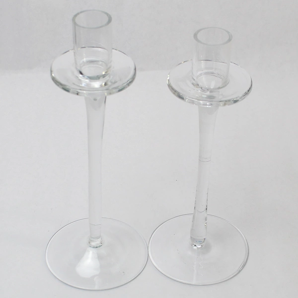Lot of 2 Dawhud Direct Clear Glass Candle Stick Holders 9" Tall & 9.75" Tall