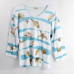 Cactus White Blue Striped With Shells Starfish 3/4 Sleeve T-Shirt Women's Size L