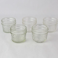 Lot of 5 Varying Brands 4 oz Mason Canning Jars 4 Quilted 1 Fruit Patterns