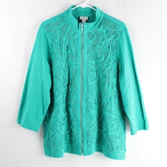 Weekends by Chico's Green Full-Zip 3/4 Sleeve Mesh Jacket Women's Chico's Size 3