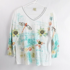 Jess & Jane White Bedazzled V-Neck T-Shirt Women's Size Medium