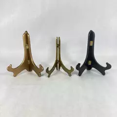 Lot Of 3 Plate Easels 2 Wood 1 Brass 8 Inch Tall 6.5 Inch Wide