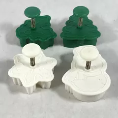 Lot of 4 Plastic Plunger Christmas Cookie Cutters Snowman Holly Snowflake Tree