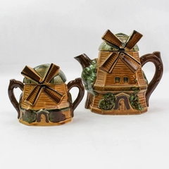 Vintage Japan Windmill Teapot & Sugar Bowl Set Brown & Green Chips Repair