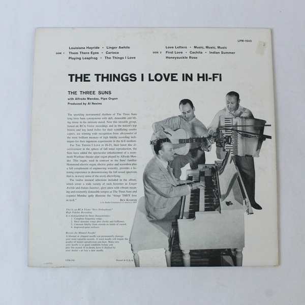 The Three Suns With Pipe Organ The Things I Love In Hi-Fi Vinyl Record 1957 RCA