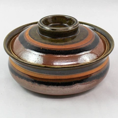Vtg Mid Century Oven Ware Ceramic Glazed Dish With Lid Brown Black Stripes