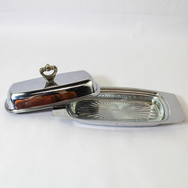 MCM Kromex Butter Dish Set with Glass Insert & Gold Tone Handle Vintage