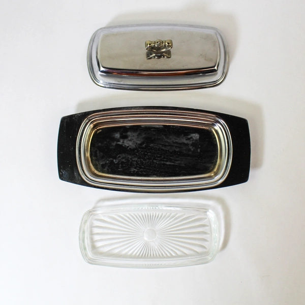 MCM Kromex Butter Dish Set with Glass Insert & Gold Tone Handle Vintage