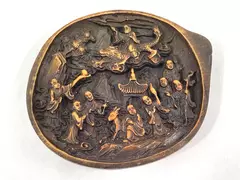Antique Chinese Qing Wood and Lacquer Carved Lid Man Riding A Dragon