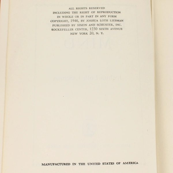 Peace of Mind Joshua Liebman HC 10th Printing 1946 Hardcover