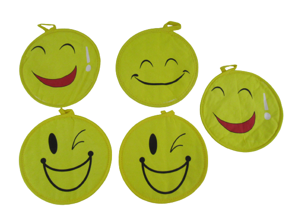 Lot of 5 Yellow and Black Smiley Face Pot Holders Oven Mitt Wink Smile Dimples