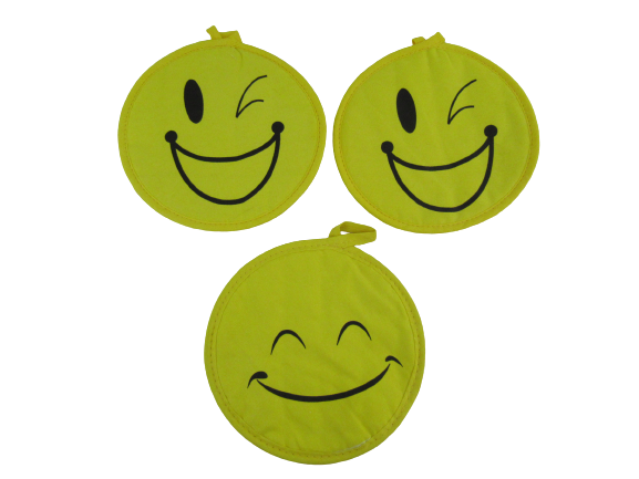 Lot of 5 Yellow and Black Smiley Face Pot Holders Oven Mitt Wink Smile Dimples