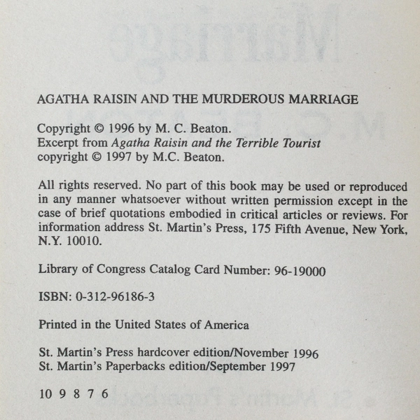 Agatha Raisin and the Murderous Marriage By M.C. Beaton 1997 Paperback