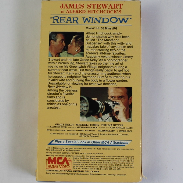 Rear Window VHS Tape James Stewart Alfred Hitchcock MCA Home Video 1954