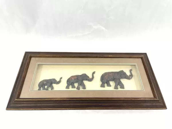 Lot of 3 Hand-Carved Wooden Elephants in Shadowbox Frame Good Condition