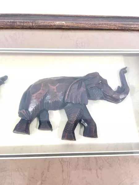 Lot of 3 Hand-Carved Wooden Elephants in Shadowbox Frame Good Condition