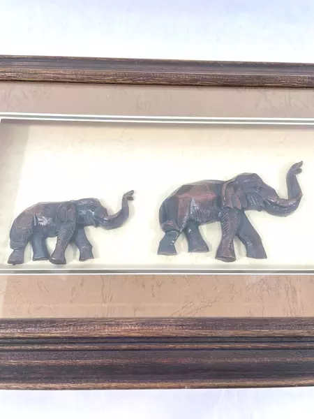Lot of 3 Hand-Carved Wooden Elephants in Shadowbox Frame Good Condition