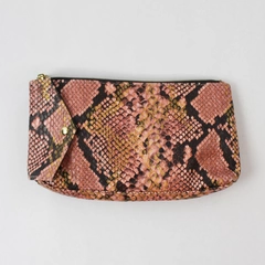 Estee Lauder Faux Snakeskin Clutch Pink Black Gold PVC Snap and Zipper Pocket