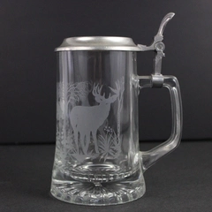 Vintage Alwe Lidded Glass Stein with Etched Deer in Forest From Western Germany