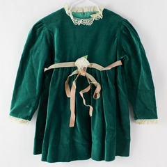 Vintage Green Velvet Toddler Preschool Aged Dress Lace Trim Girl's Size 4