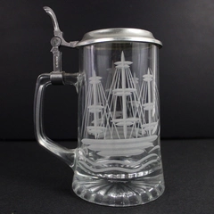 FIYE Italy Etched Schooner Stein Beer Glass Mug with W. German Pewter Lid