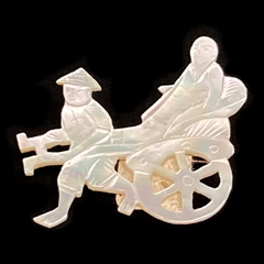 Vintage Mother of Pearl Carved Brooch Pin Asian Man Pulling A Rickshaw 