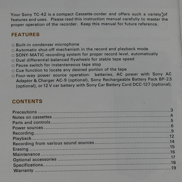 Sony Cassette Corder TC42 Owner's Instruction Manual