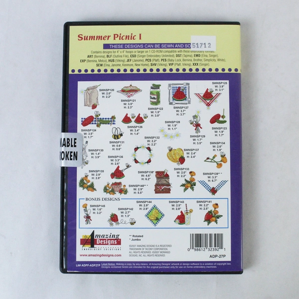 Summer Picnic 1 Embroidery Designs CD Rom - Sealed - Amazing Designs