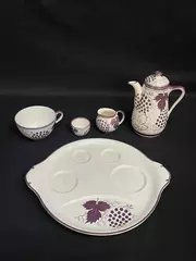 Vintage Gray's Pottery Six Piece Tea For One Set White With Purple Grapes