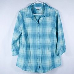 Christopher & Banks Shirt Top Women's Size Large Blue Green Plaid Long Sleeves