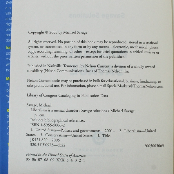 Liberalism Is A Mental Disorder Michael Savage 2005 Nelson Current HC DJ