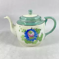 Vintage Lusterware Teapot Made In Japan Green And White With Blue Flower
