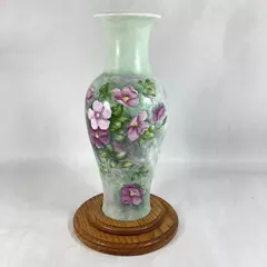 Signed Hand Painted Ceramic Vase Or Umbrella Stand in a Wood Crafts Base 
