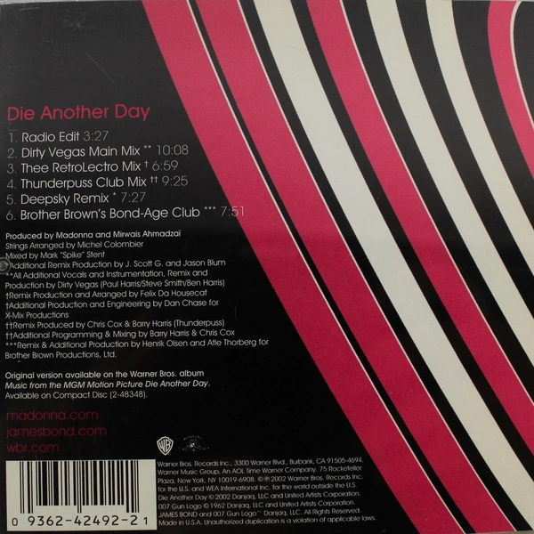Die Another Day By Madonna CD Album 2002 Warner Bros Records Maxi Single 42492-2