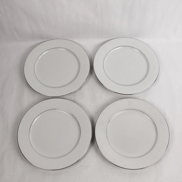 Set of 4 Sango White On White 1079 Dinner Plates with Platinum Scrolls
