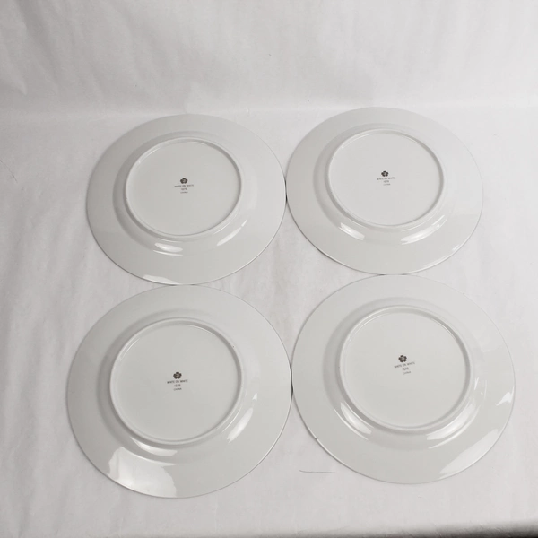 Set of 4 Sango White On White 1079 Dinner Plates with Platinum Scrolls