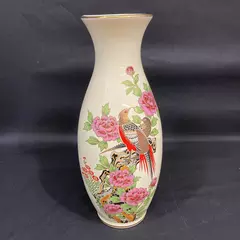 Vintage Japanese Porcelain Vase 12.25" Cream Gold Trim Pheasants Flowers