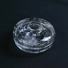 Clear Cut Glass Hair Receiver Dish Round Etched Floral Vanity Trinket Box