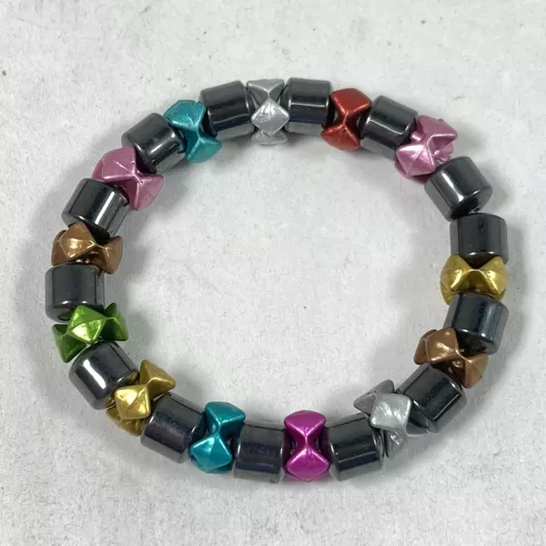 Hematite And Rainbow Plastic Bead Stretch Bracelet