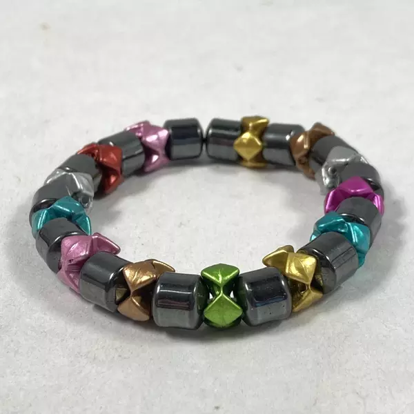 Hematite And Rainbow Plastic Bead Stretch Bracelet