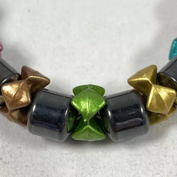 Hematite And Rainbow Plastic Bead Stretch Bracelet