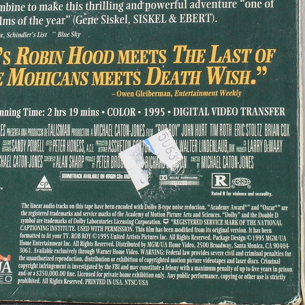 Rob Roy VHS 1995 MGM/UA Liam Neeson Jessica Lange