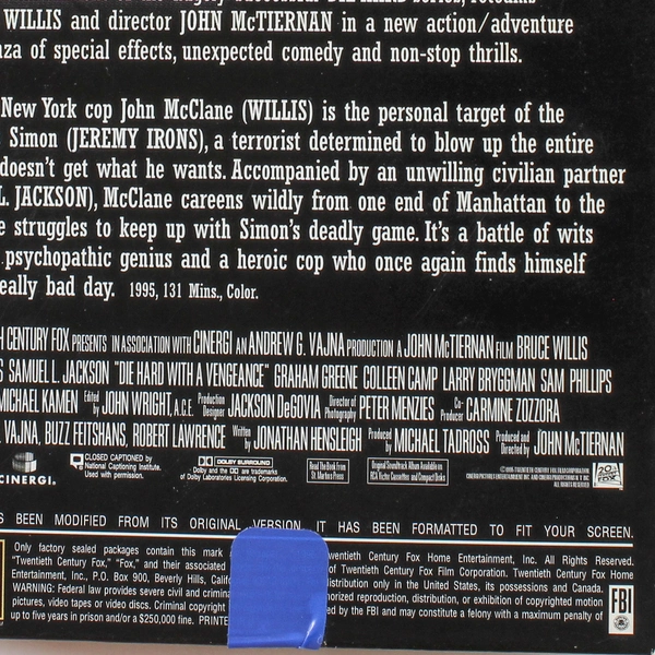 Die Hard With a Vengeance VHS 1995 20th Century Bruce Willis Samuel L Jackson