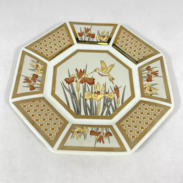 Octagon Shaped The Art of Chokin Brocade Hummingbird And Iris Plate 7.25 Inch