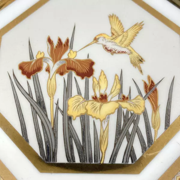 Octagon Shaped The Art of Chokin Brocade Hummingbird And Iris Plate 7.25 Inch