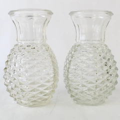 Set of 2 Vintage 1980s FTD Clear Pressed Glass Pineaple Textured Vase 5.5" Tall