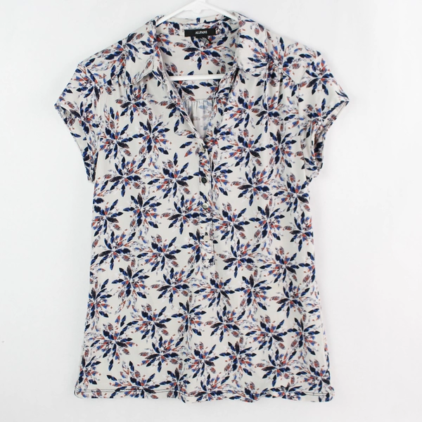 Alfani Blue and Red Printed Half Button Shirt Women's Size Medium