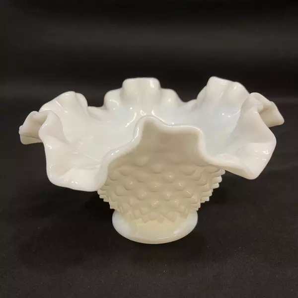 Fenton Milk Glass Hobnail And Ruffled Edge Footed Compote 6.75in Diameter
