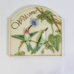 Iris & Orchid Hummingbird Pair Welcome Wall Plaque 6.25" Decor Collectible